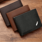 Three wallets in black, brown, and dark brown on a wooden surface with dimensions displayed.