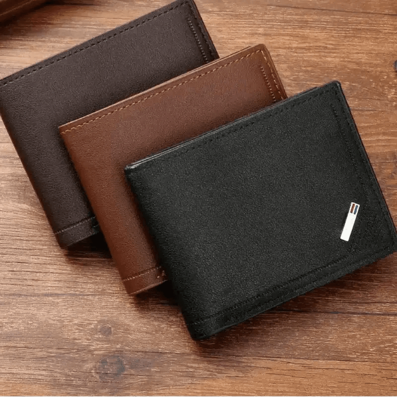 Three wallets in black, brown, and dark brown on a wooden surface with dimensions displayed.