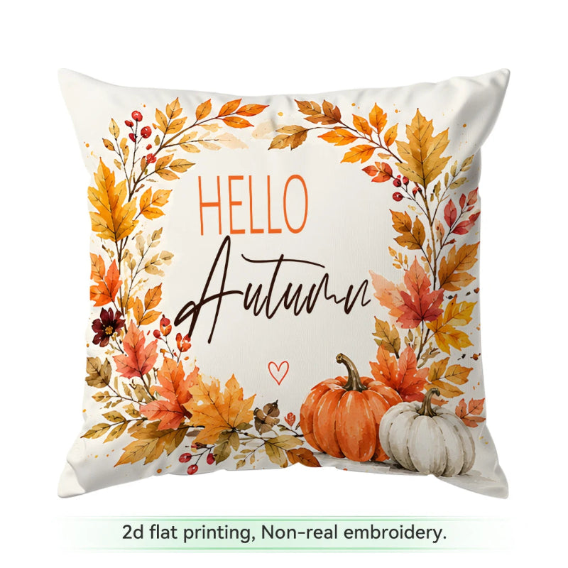 A square decorative throw pillow with a fall-themed flat print design featuring the text 'HELLO Autumn' surrounded by orange, yellow, and red autumn leaves, with two pumpkins at the bottom. Text below the pillow reads '2d flat printing, Non-real embroidery.
