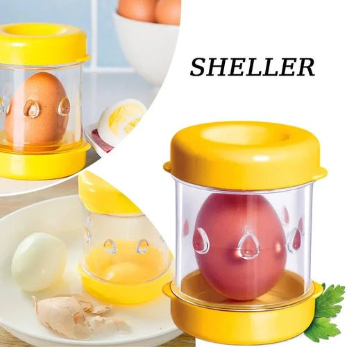 Yellow automatic sheller with eggs on a white background