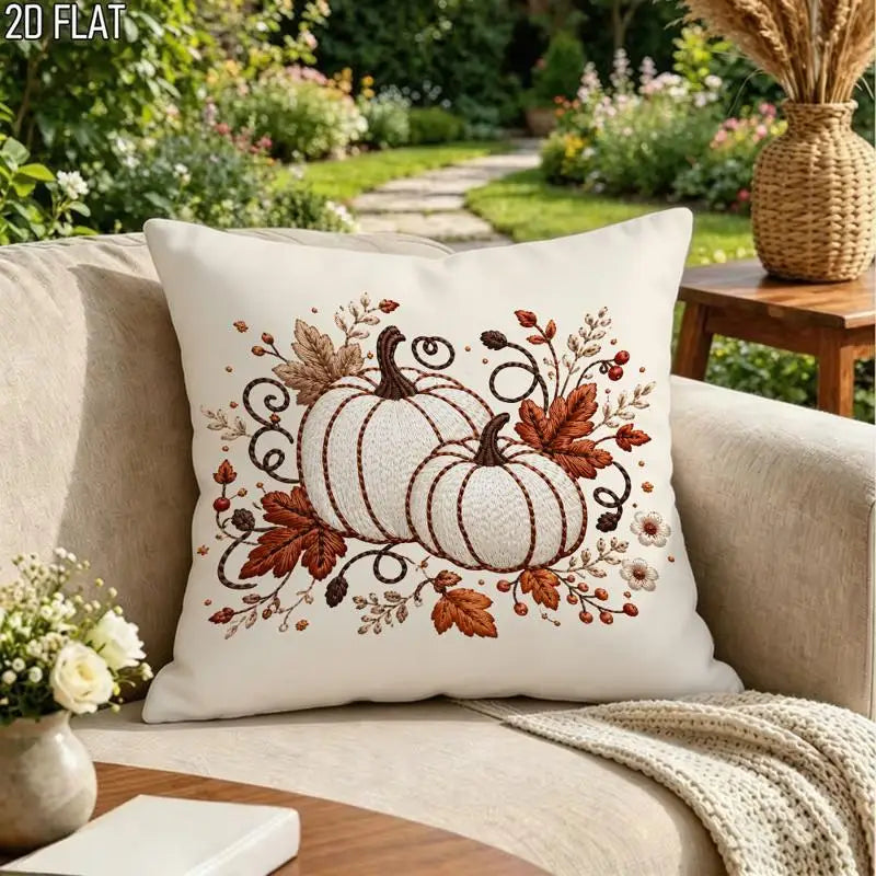A square off-white throw pillow with an embroidered autumn design of two pumpkins, leaves, and berries, resting on a beige outdoor sofa in a garden setting.