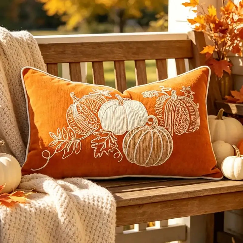 An orange rectangular throw pillow with white embroidered pumpkins and leaves, resting on a wooden bench in an autumn outdoor setting with a cream knit blanket and fall foliage.
