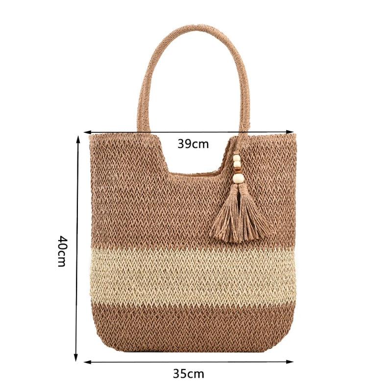 Woven handbag with tassel and measurements on a white background