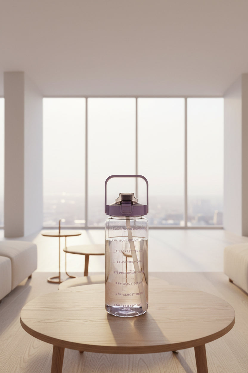 Clear water bottle with measurements and text on a wooden table in a cafe setting