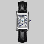 Black wristwatch with silver case and white face on a white background, featuring the brand 'SANDA'.