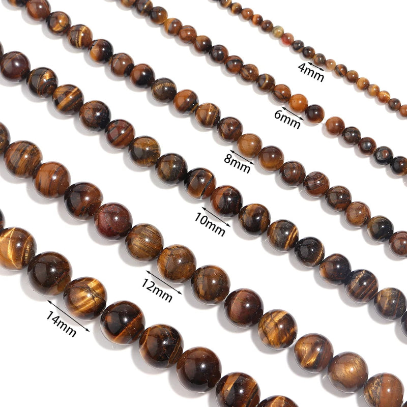 Beaded strands of tiger eye beads with measurements indicated on a white background