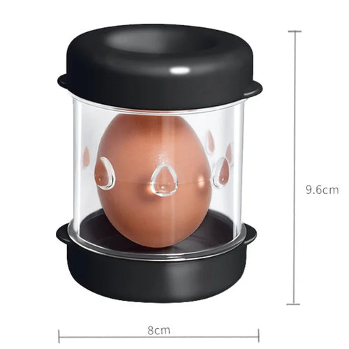 Black egg holder with a brown egg inside, showing dimensions on a white background