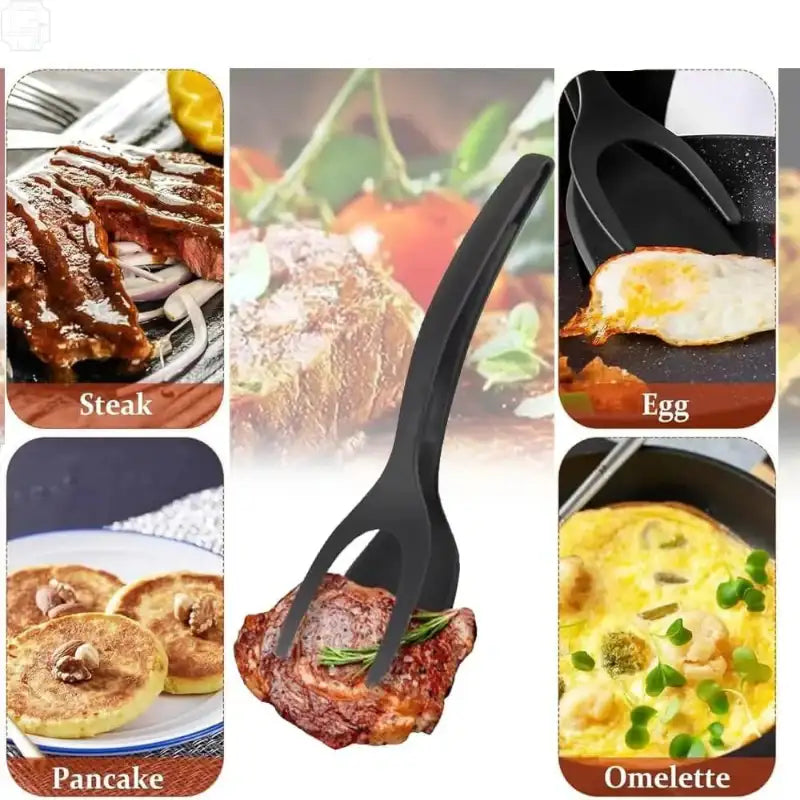Multifunctional kitchen tool used for various food items including steak, egg, pancake, and omelette.