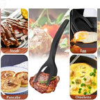 Multifunctional kitchen tool used for various food items including steak, egg, pancake, and omelette.