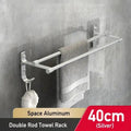 Space aluminum double rod towel rack with a towel hanging on a gray wall.