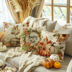 Decorative pillows with autumn-themed designs on a sofa with pumpkins and pampas grass.
