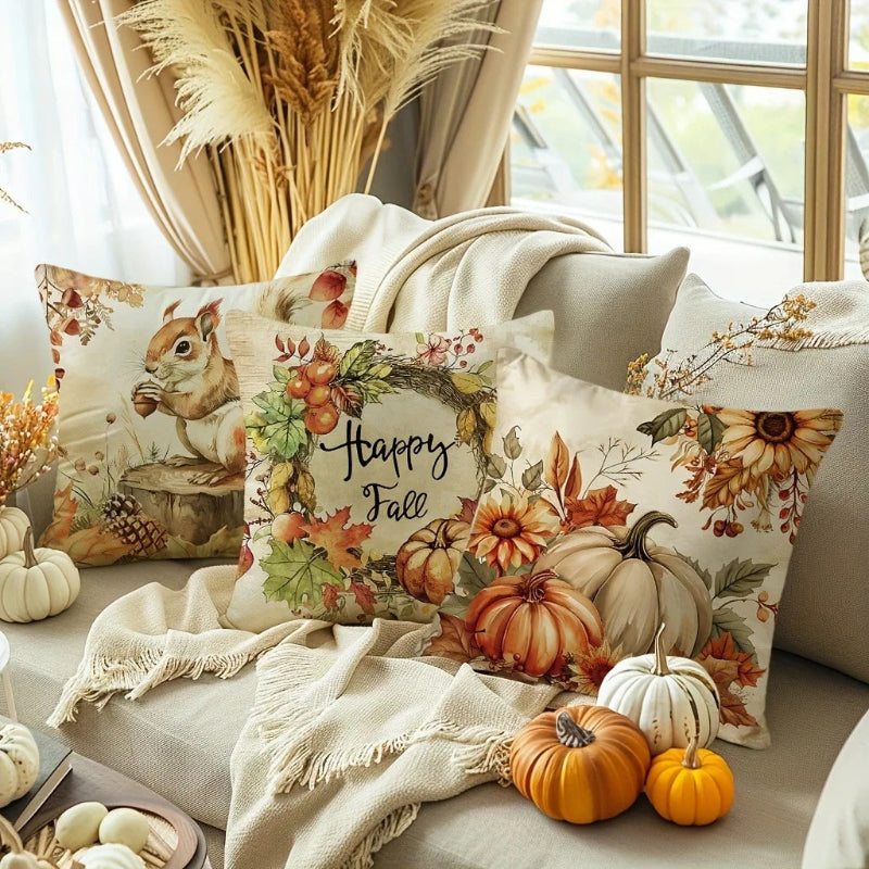 Decorative pillows with autumn-themed designs on a sofa with pumpkins and pampas grass.