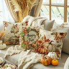 Decorative pillows with autumn-themed designs on a sofa with pumpkins and pampas grass.
