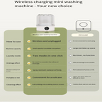 An infographic comparison graphic for a wireless charging mini washing machine, showing a product render at the top and a side-by-side feature comparison table below on a light beige background.