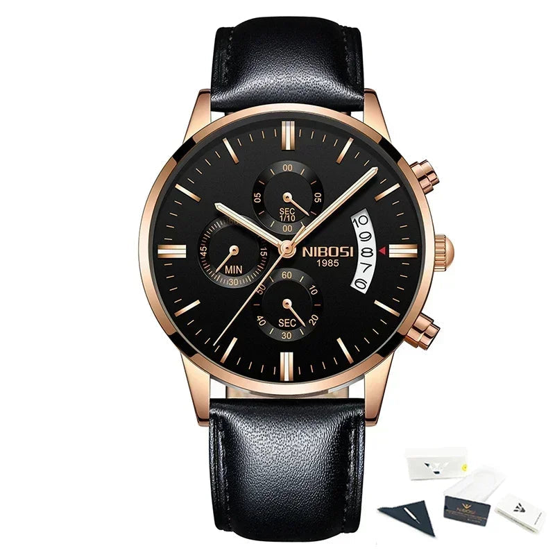 NIBOSI watch with black leather strap and rose gold case on a white background