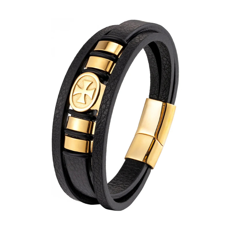 Black leather bracelet with gold accents on a white background
