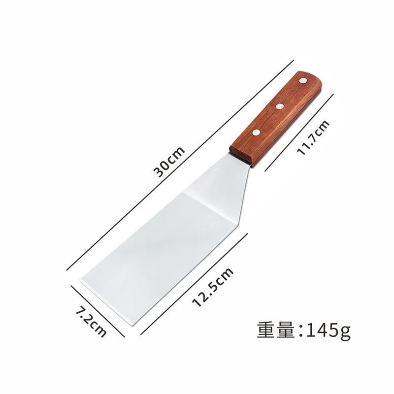 Measuring tool with wooden handle and metal blade, showing dimensions on a white background.