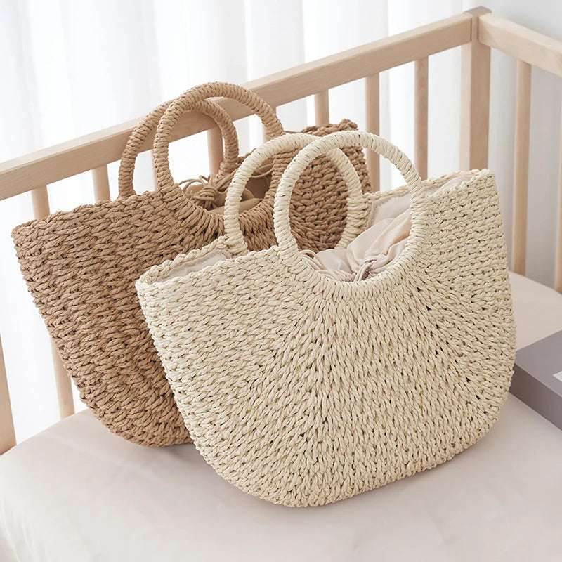 EMESA HOME Summer Half-Moon Straw Bag – Handmade Woven Beach Tote, Large Capacity Top-Handle Purse, Casual Bohemian Handbag Basket for Women - Emesa Home
