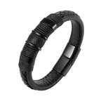Black leather bracelet with metal clasp on a white background