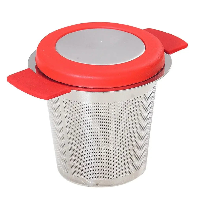 A stainless steel mesh tea infuser basket with a red silicone lid and side handles, shown on a plain white background.