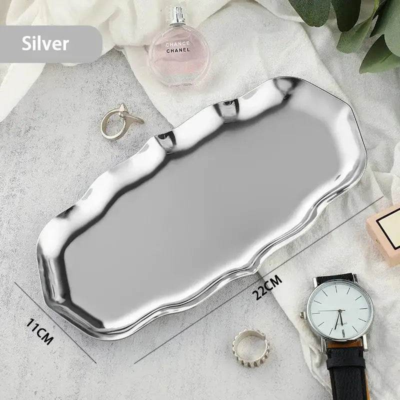 EMESA HOME Gold & Silver Stainless Steel Water Drop-Shaped Cosmetics, Jewelry & Dining Tray – Multi-Functional Home Storage Container Silver wavy