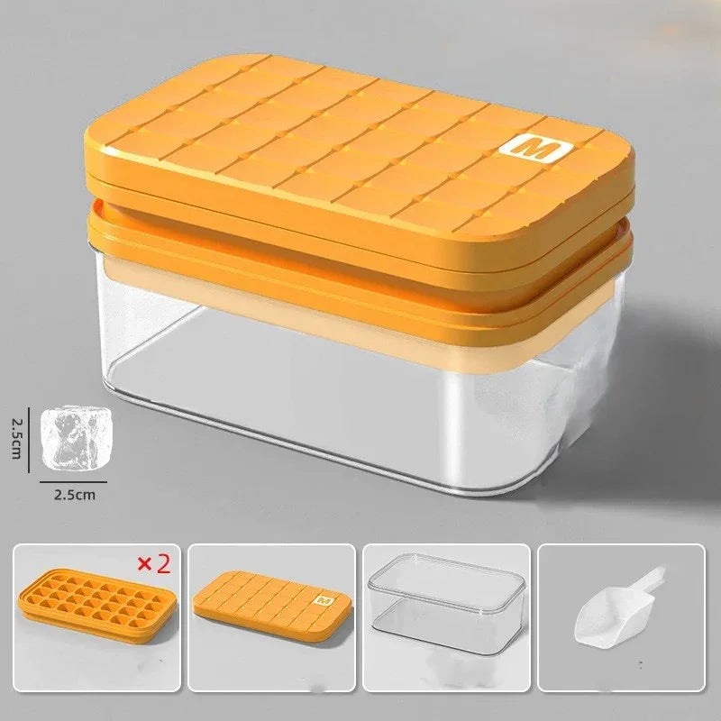 Clear container with orange lids on a gray background
