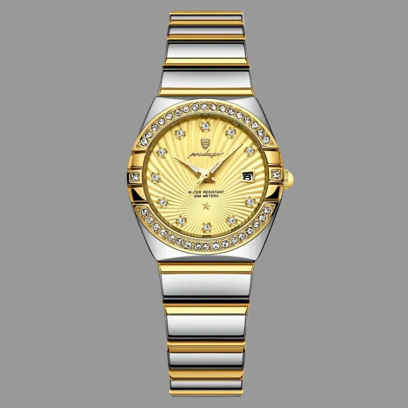 Gold and silver watch with POEDAGAR branding on a white background