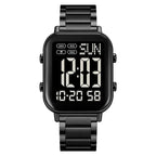 Black digital watch with metal strap on a white background, featuring the Skmei brand.