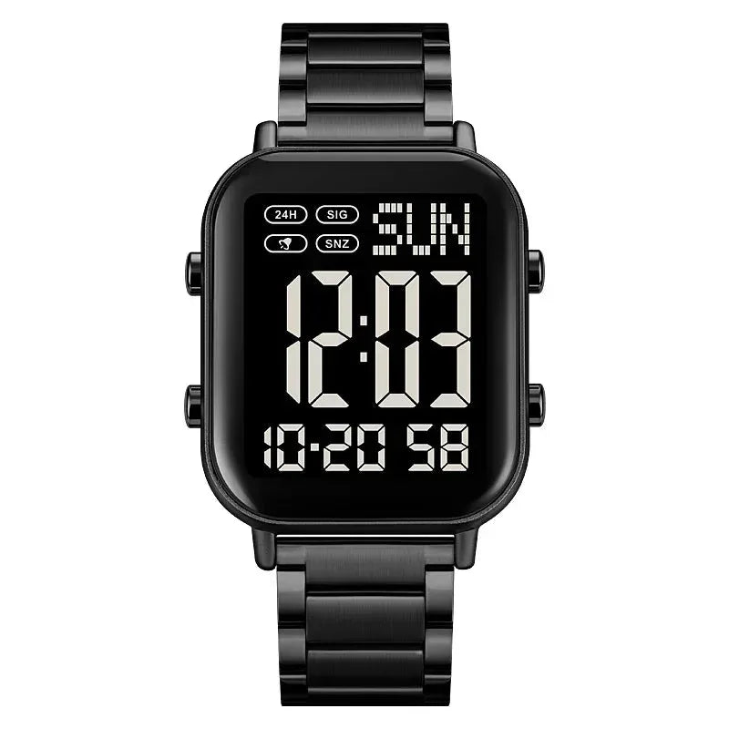 Black digital watch with metal strap on a white background, featuring the Skmei brand.