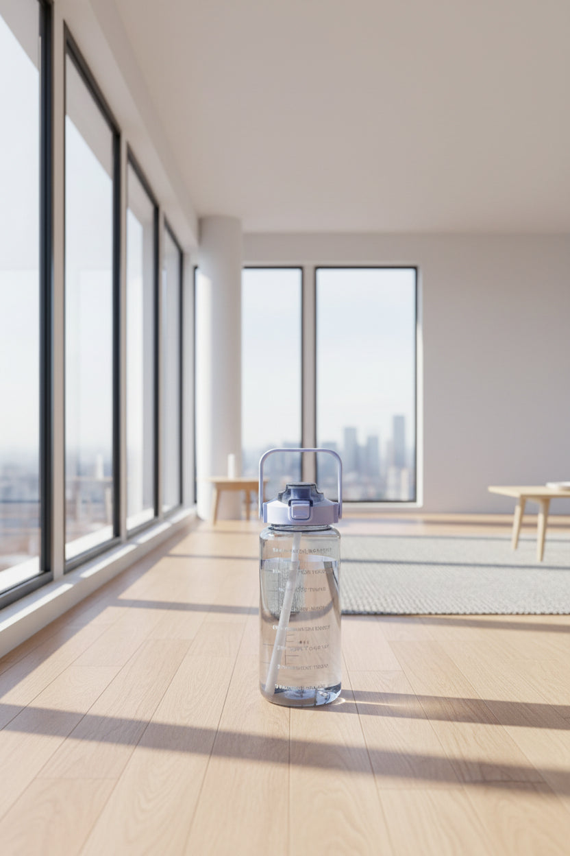 Clear water bottle with blue cap on a wooden table in a cafe setting