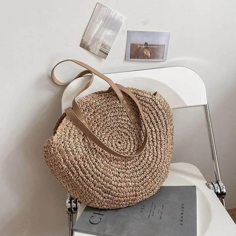 EMESA HOME Summer Round Straw Bags for Women Handmade Woven Rattan Shoulder Bag, Large Capacity Beach Handbag, Travel Tote Bag - EMESA HOME™