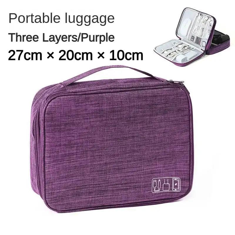 Purple portable luggage with three layers, open showing contents on a white background