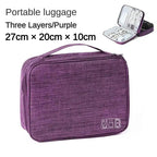 Purple portable luggage with three layers, open showing contents on a white background