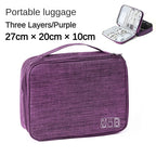 Purple portable luggage with three layers, open showing contents on a white background