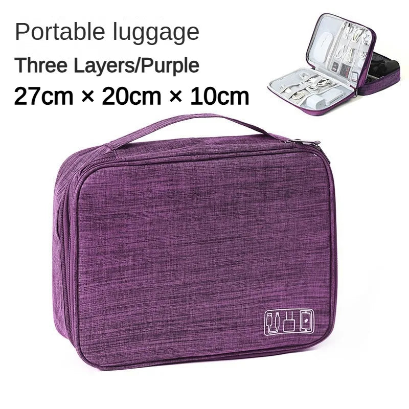 Purple portable luggage with three layers, open showing contents on a white background