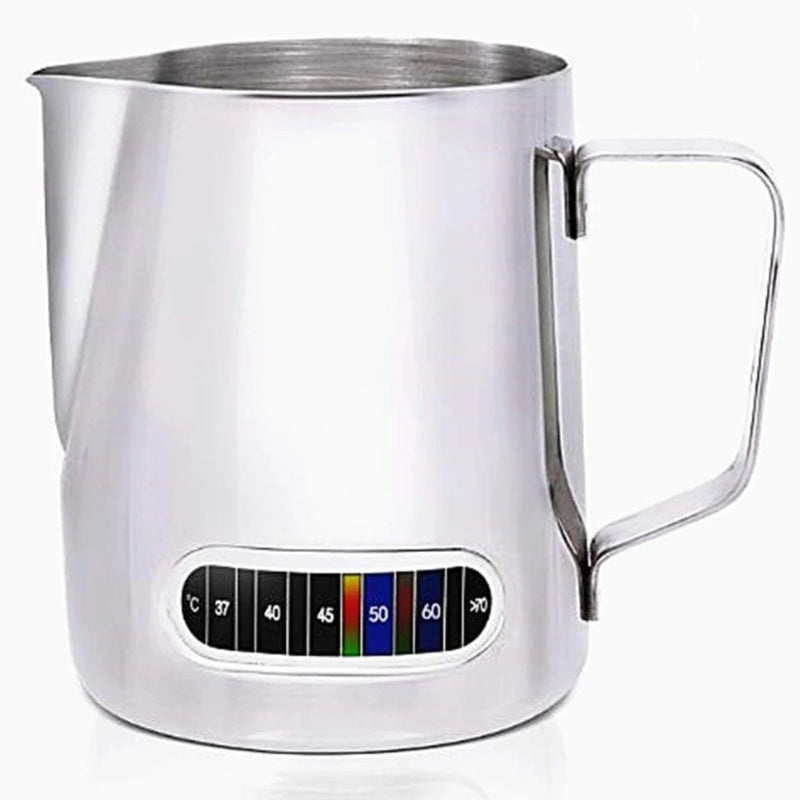 Stainless steel milk pitcher with temperature gauge on a white background