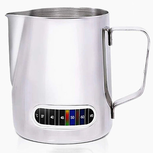 Stainless steel milk pitcher with temperature gauge on a white background