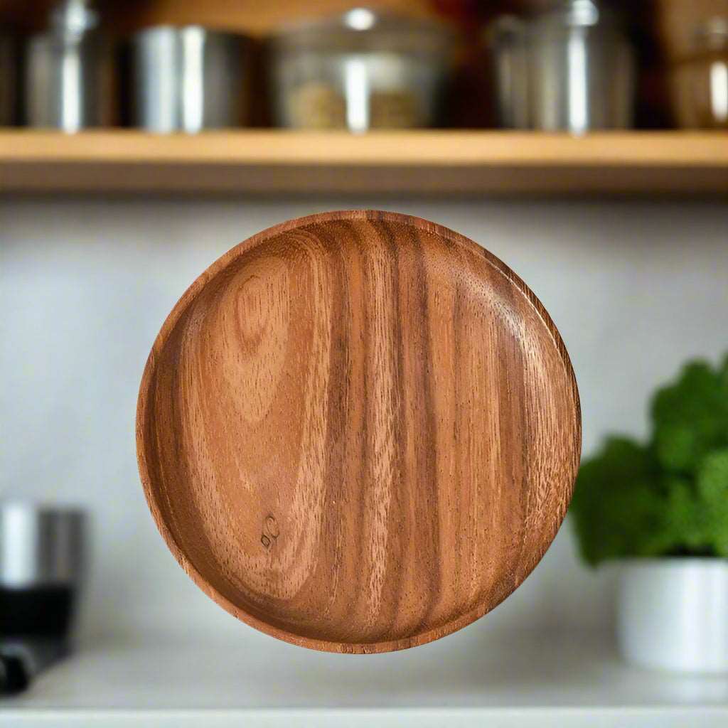 EMESA HOME Japanese Household Dishes Acacia Wood Round Tableware Salad Dessert Tray Vintage Wood Dinnerware Set Plates Serving Platter