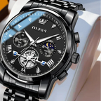 Black OLEVS watch with detailed face and metal strap on a white background