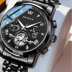 Black OLEVS watch with detailed face and metal strap on a white background