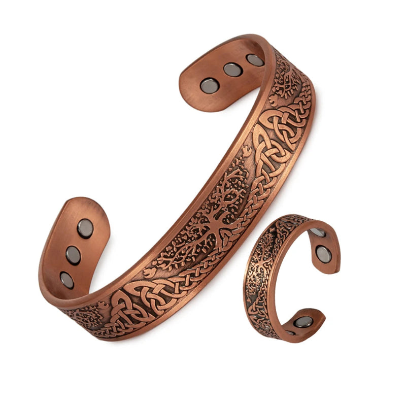 Celtic knot patterned copper bracelet on a white background