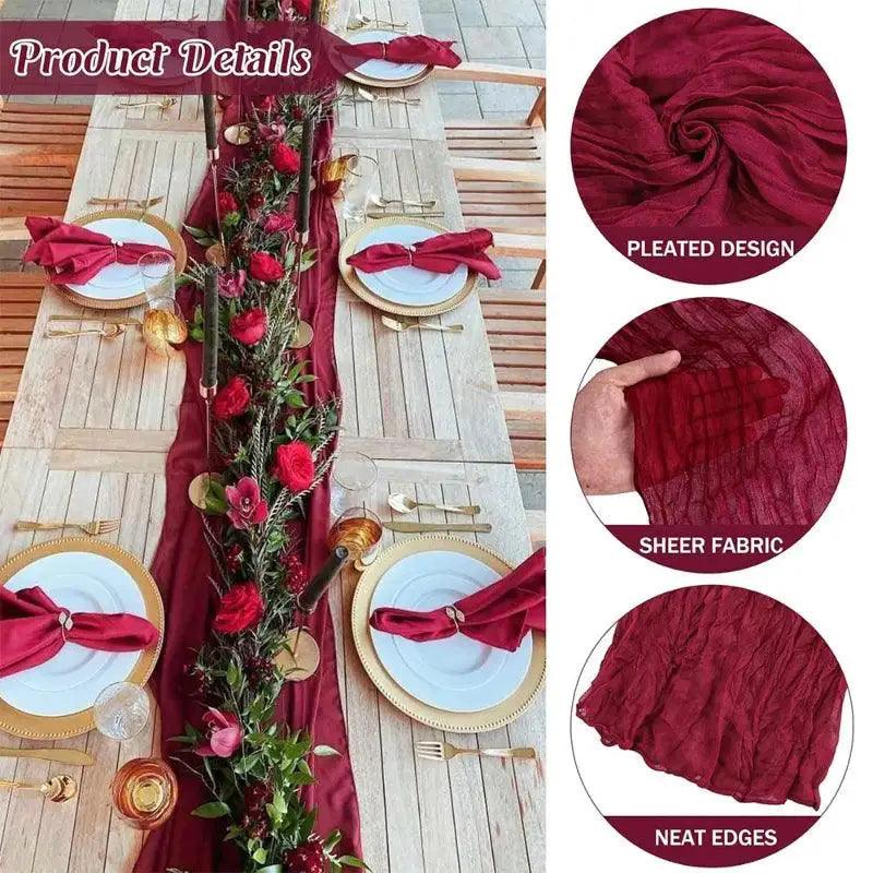 Red table runner with floral decorations on a wooden table, surrounded by close-up details of the fabric.