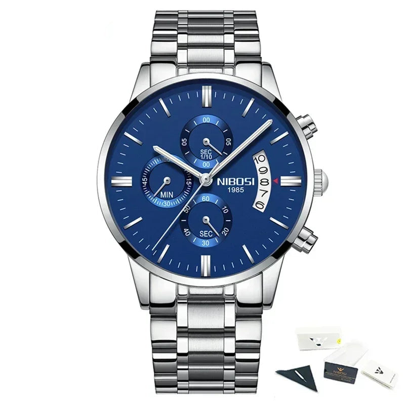 NIBOSI watch with blue dial and silver metal strap on a white background
