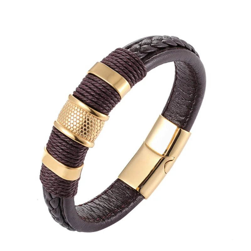 Brown leather bracelet with gold accents on a white background
