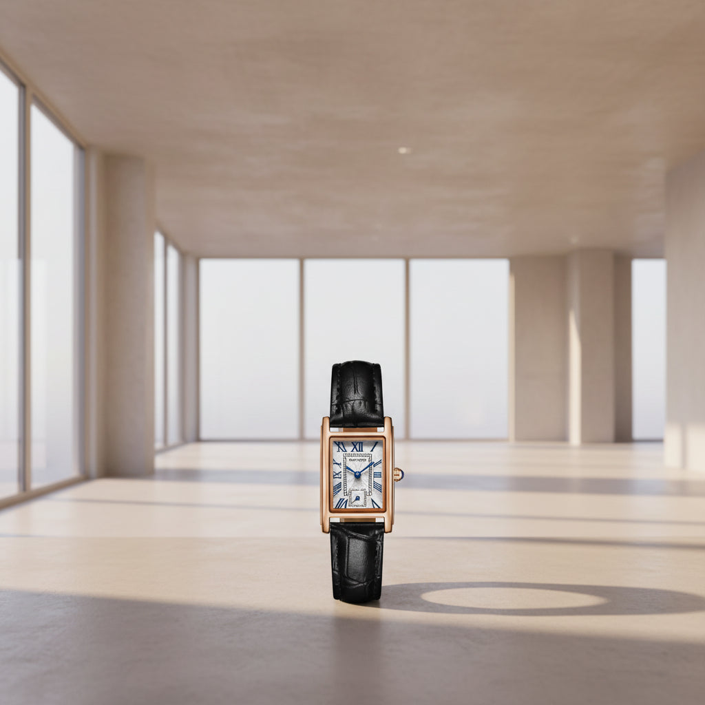 Watch with brown leather strap and rose gold case on white background
