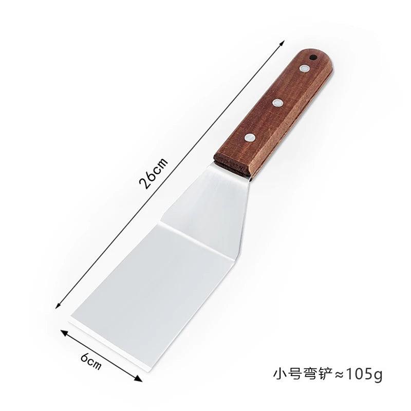 Measuring tool with wooden handle and metal blade on a white background