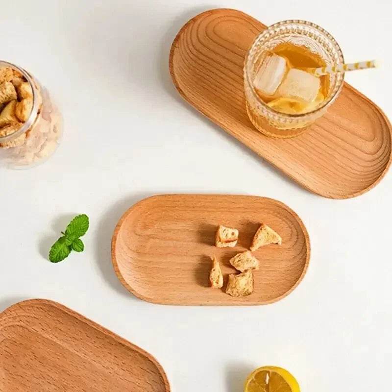 EMESA HOME Japanese-Style Wooden Tableware – Solid Wood Oval Dessert Plate, Snack Tray, Fruit Plate & Cup Coaster
