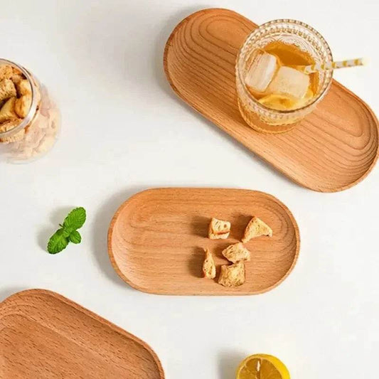 EMESA HOME Japanese-Style Wooden Tableware – Solid Wood Oval Dessert Plate, Snack Tray, Fruit Plate & Cup Coaster