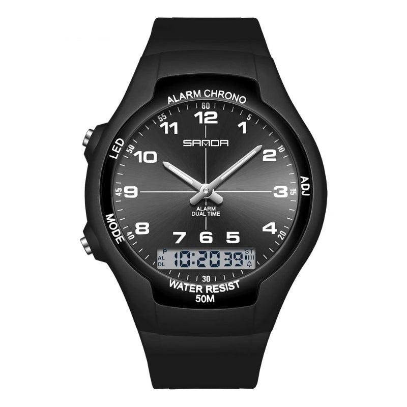 Black SANDA watch with digital and analog display on a white background