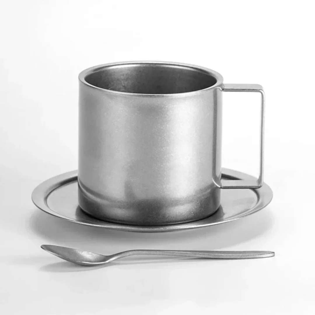 EMESA HOME Retro Coffee Cup Set, Double Wall 304 Stainless Steel with Spoon & Saucer, Frosted Industrial Style Tea Cup